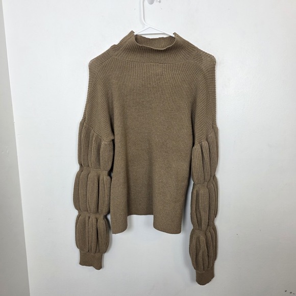 Bohme Tan Ribbed Mock Neck Bubble Sleeve Cute Neutral Helena Sweater Size M - Picture 7 of 8